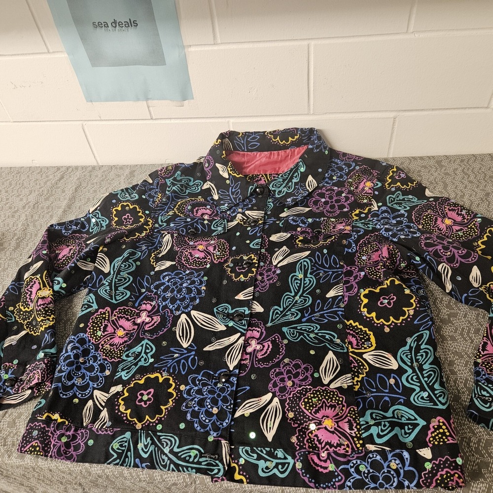 REDD Jeans Blazer Womens 12 Multicolor Graffiti Floral Sequin Jacket